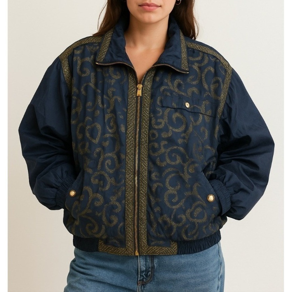 Andy Johns Vintage 80s Blue Gold Metallic Windbreaker Jacket Made in Hong Kong L